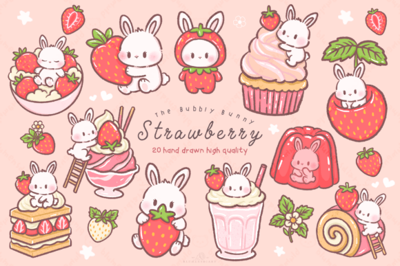 Download Kawaii Bunny Strawberry Dessert Clipart - Premium Resources